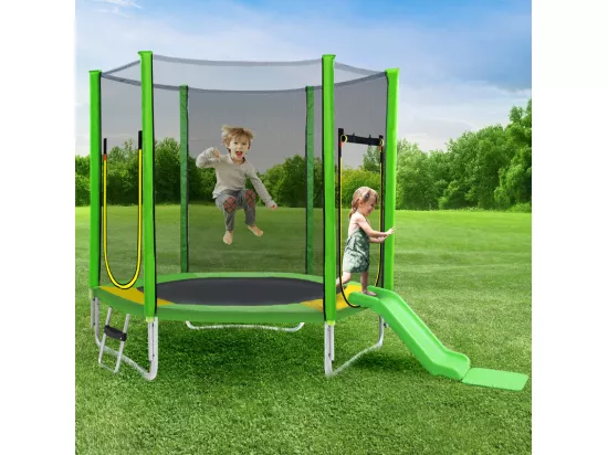 Trampoline Ø213 cm - avec toboggan, escalier, 2 porte et filet de sécurité - charge max 100kg - Certification GS