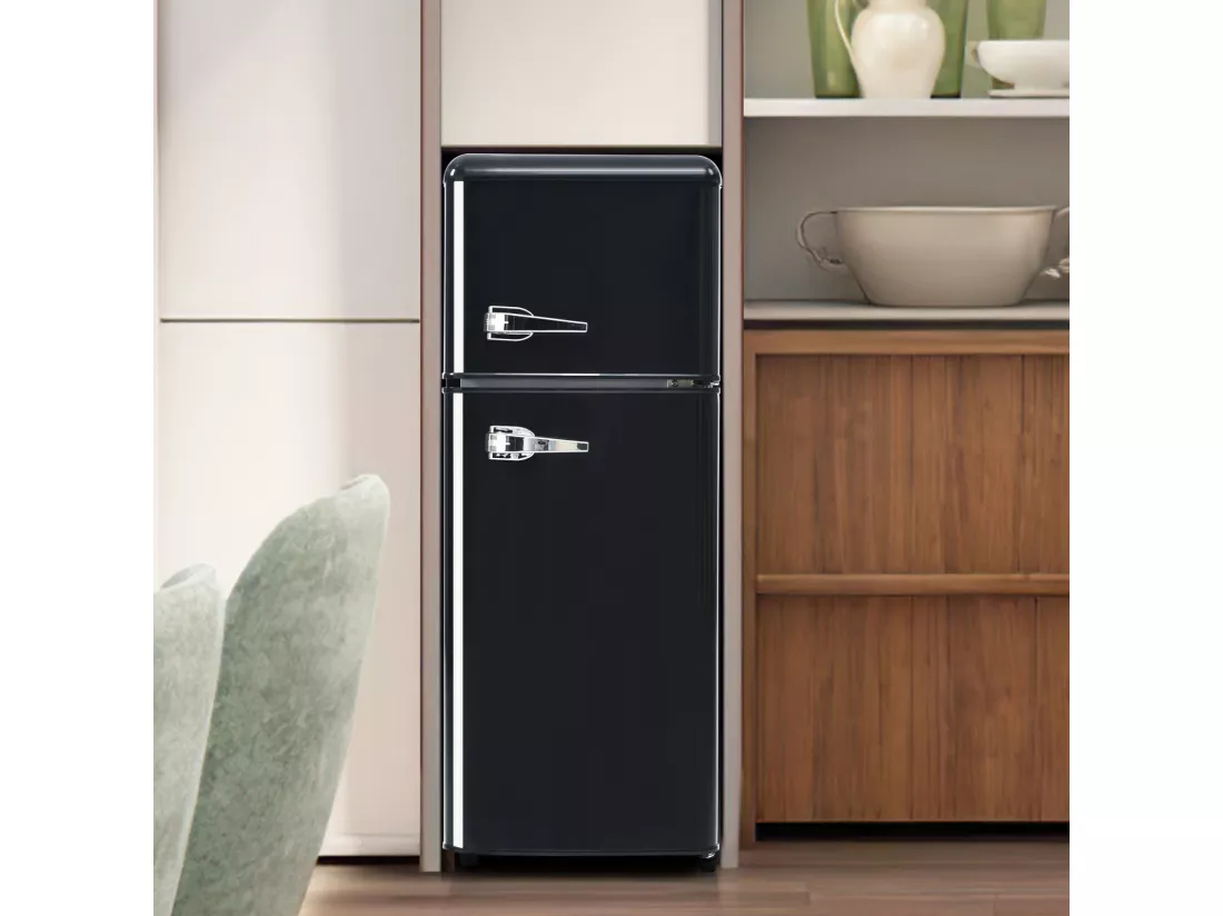 Réfrigérateur-congélateur combiné, 105,5 cm de hauteur, 41 cm de largeur, avec un volume total de 92 litres, un volume de congélateur de 28 litres. 181 kWh/an, -27°C 13°C, éclairage LED, (noir）