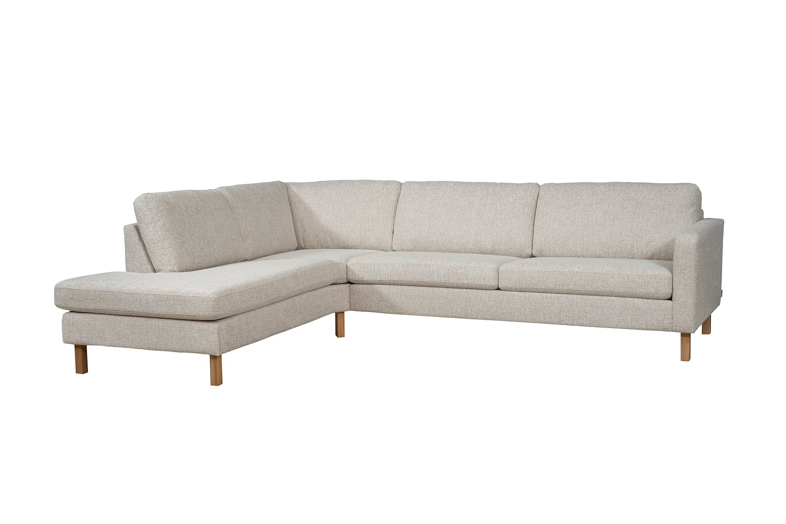 Mandal hjørnesofa Oppsett RV. 3-seter med åpen ende venstre. Tekstil Nivus 203 Lin Creme. Arm 16, Duo puter, Firkantet ben 16 cm Natur. Skum