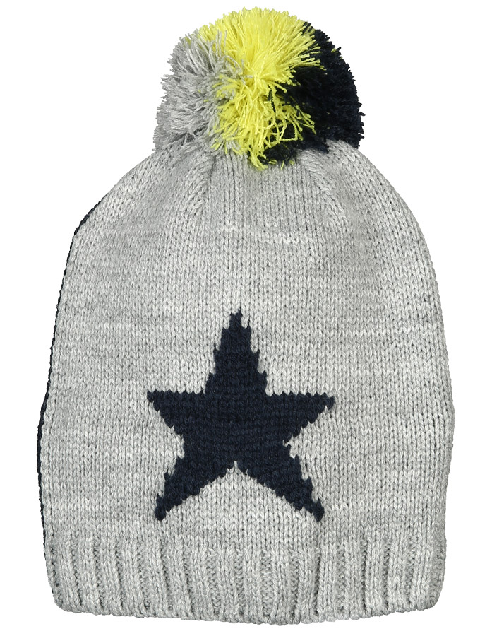 Strick-Mütze STERN mit Bommel in marine/hellgrau melange