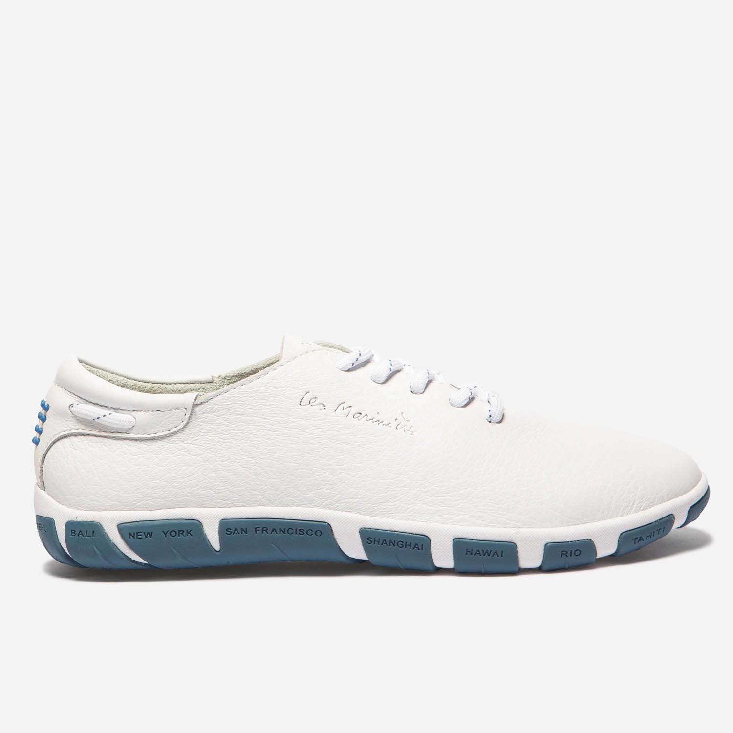 Tennis Femme En Cuir Blanc Semelle Bleue