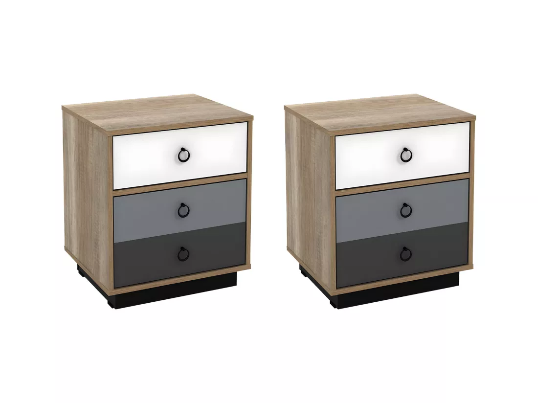 Lot de 2 tables de chevet - 1 tiroir et 1 porte - Coloris : Naturel, blanc et gris - KRYPTON