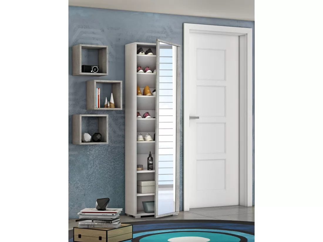 Étagère à chaussures Dcandel, meuble d'entrée polyvalent avec porte miroir, meuble à chaussures moderne avec 7 étagères, 100% Made in Italy, 50x32hx182 cm, Blanc et Ciment