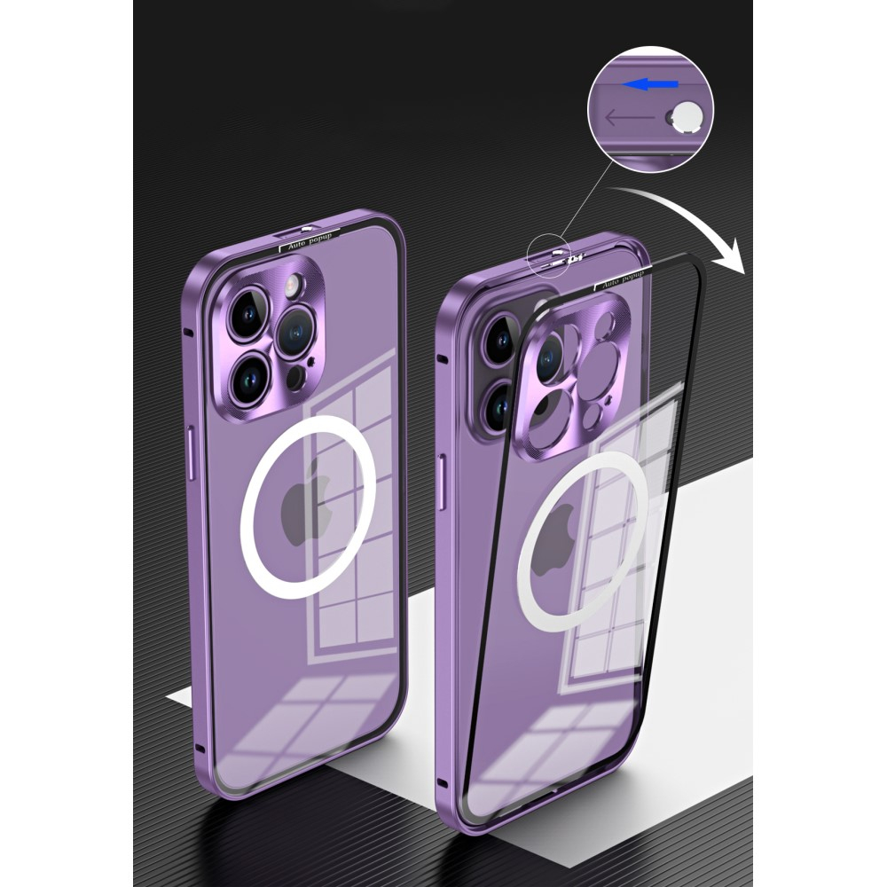 iPhone 14 Pro MagSafe Alu Schutzhülle mit Panzer Glas Backcover   Kameraschutz - Dunkellila (Deep Purple)