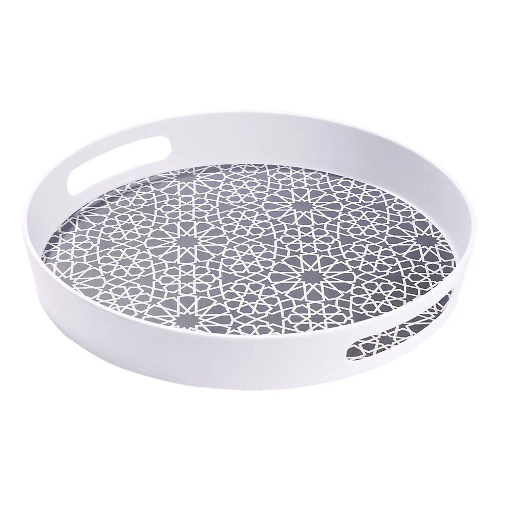 Plateau rond mélaminé motif géométrique blanc et bleu Ø34,5xH5cm