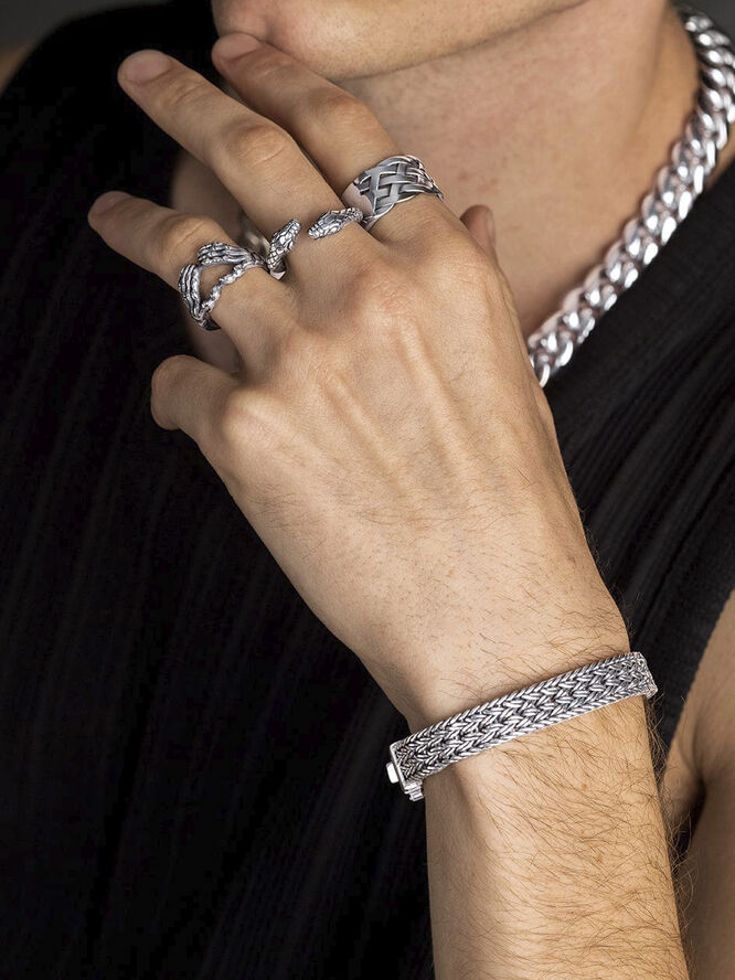 Nialaya Men's Stainless Steel Woven Chain Ring Silver