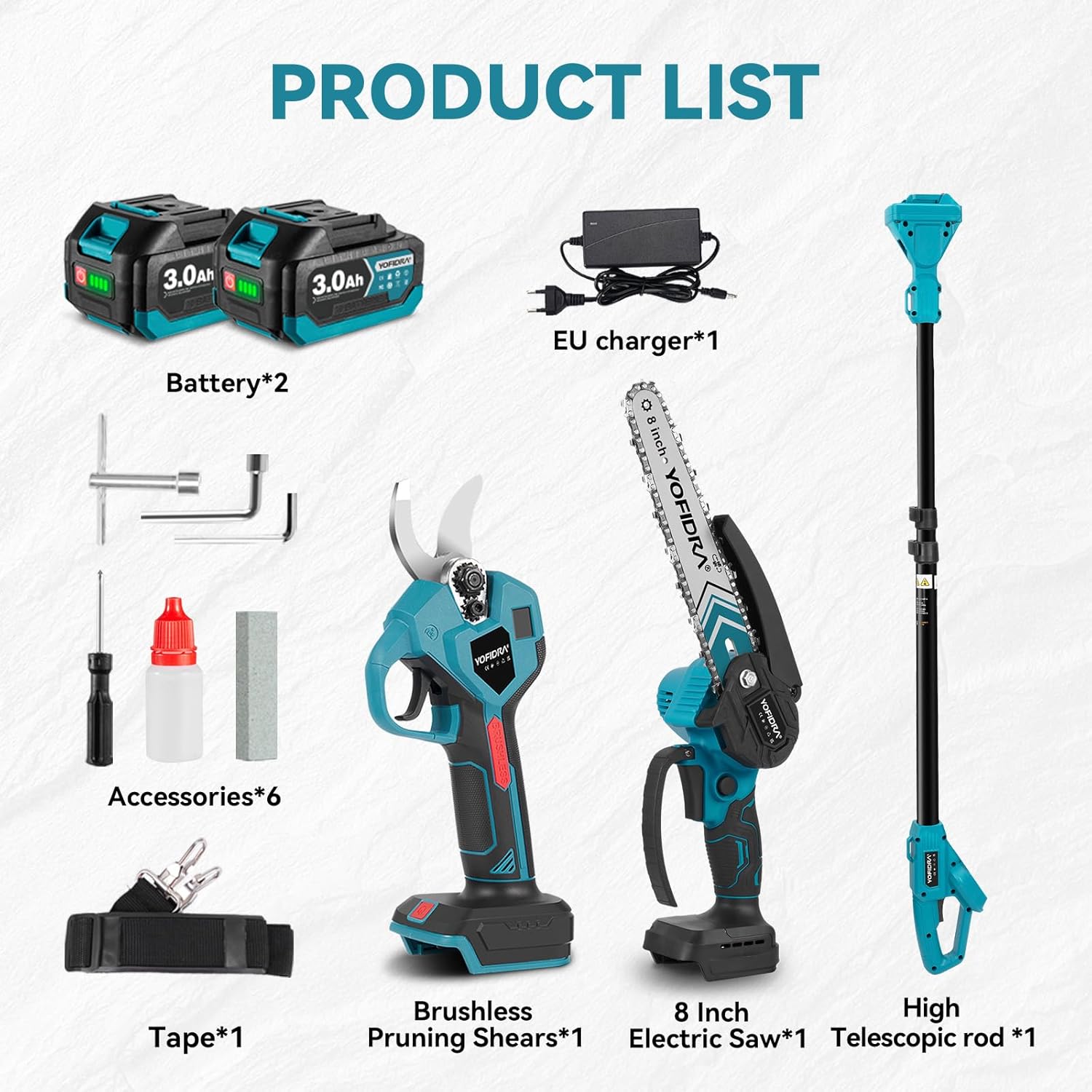 Yofidra 8 Zoll Elektrische Kettensäge mit Teleskopstange & 30mm Elektrische Astschere, Hochentaster Akku mit 2x3000mAh Akkus, 4-in-1 Gartenwerkzeug Set mit akku und ladegerät, Max. Reichweite bis 4,2m