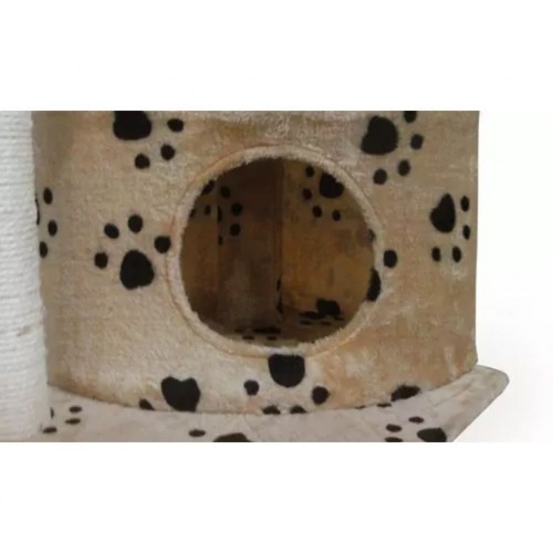 Arranhador bege para gatos com pegadas de patas.