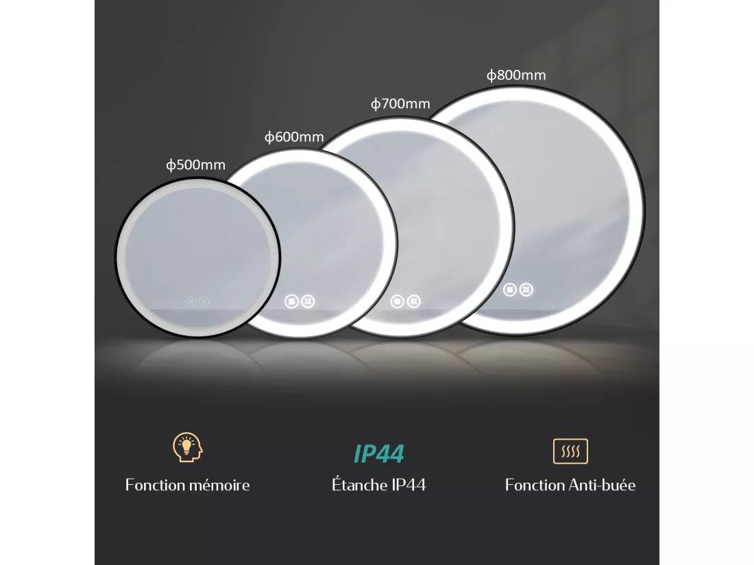 EMKE Miroir lumineux salle de bain rond diamètre 50cm cadre noir, Sangle réglable, Miroir LED avec Interrupteur Tactile, Anti-buée, Lumière Froide