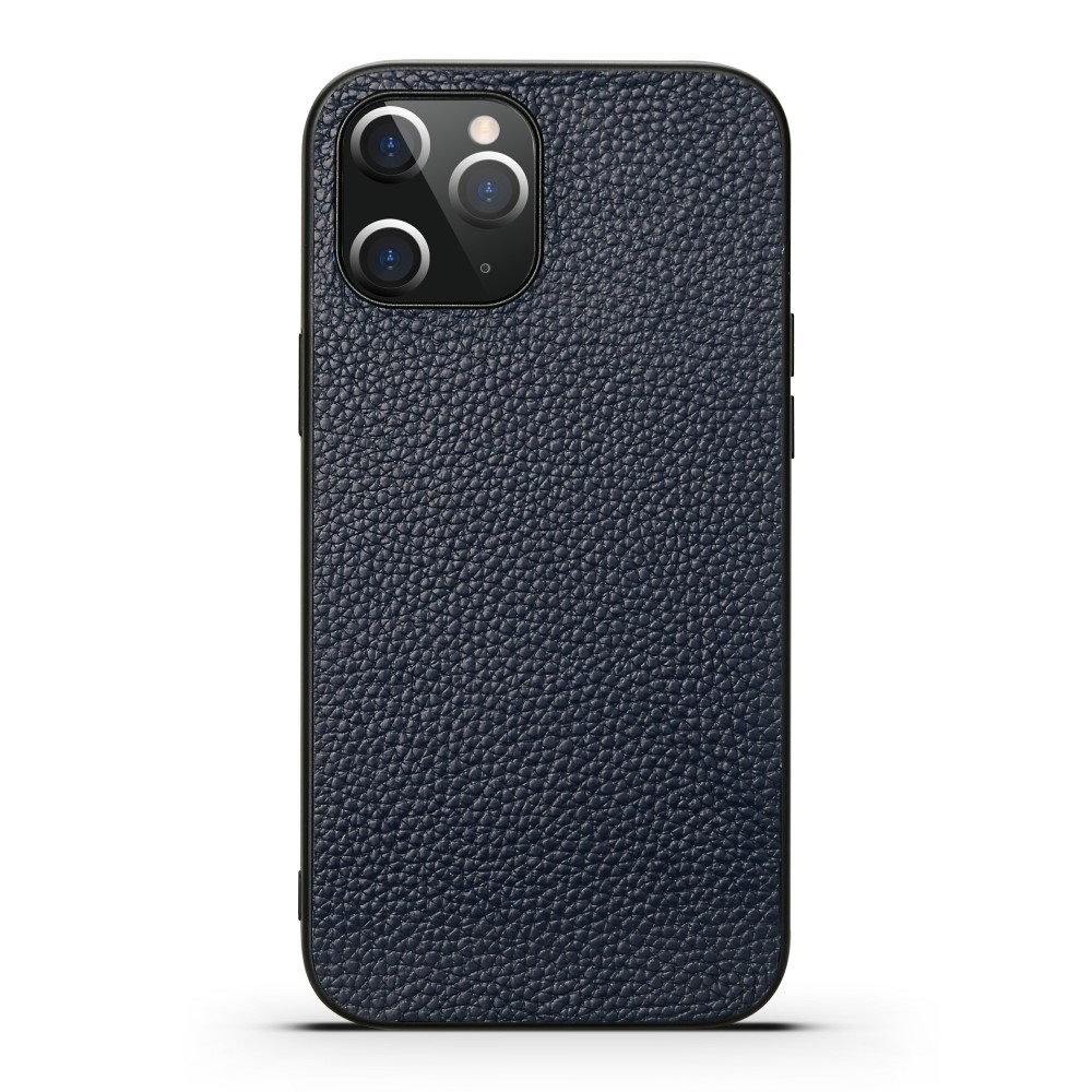 iPhone 12 / iPhone 12 Pro Echtleder Hardcase Hülle Litchi Look - Dunkelblau