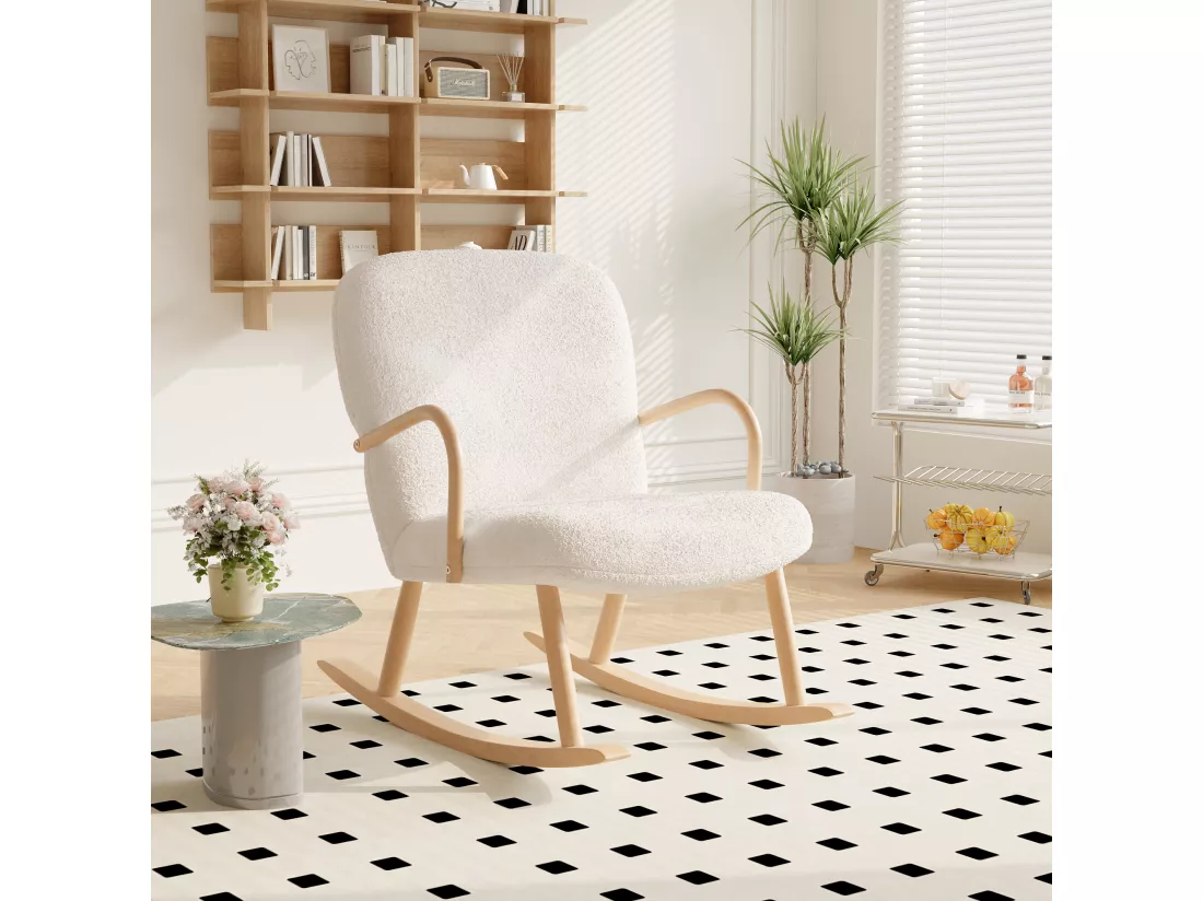 Chaise à bascule avec accoudoirs en bois, structure en acier et pieds en hêtre, Laine d'agneau blanc