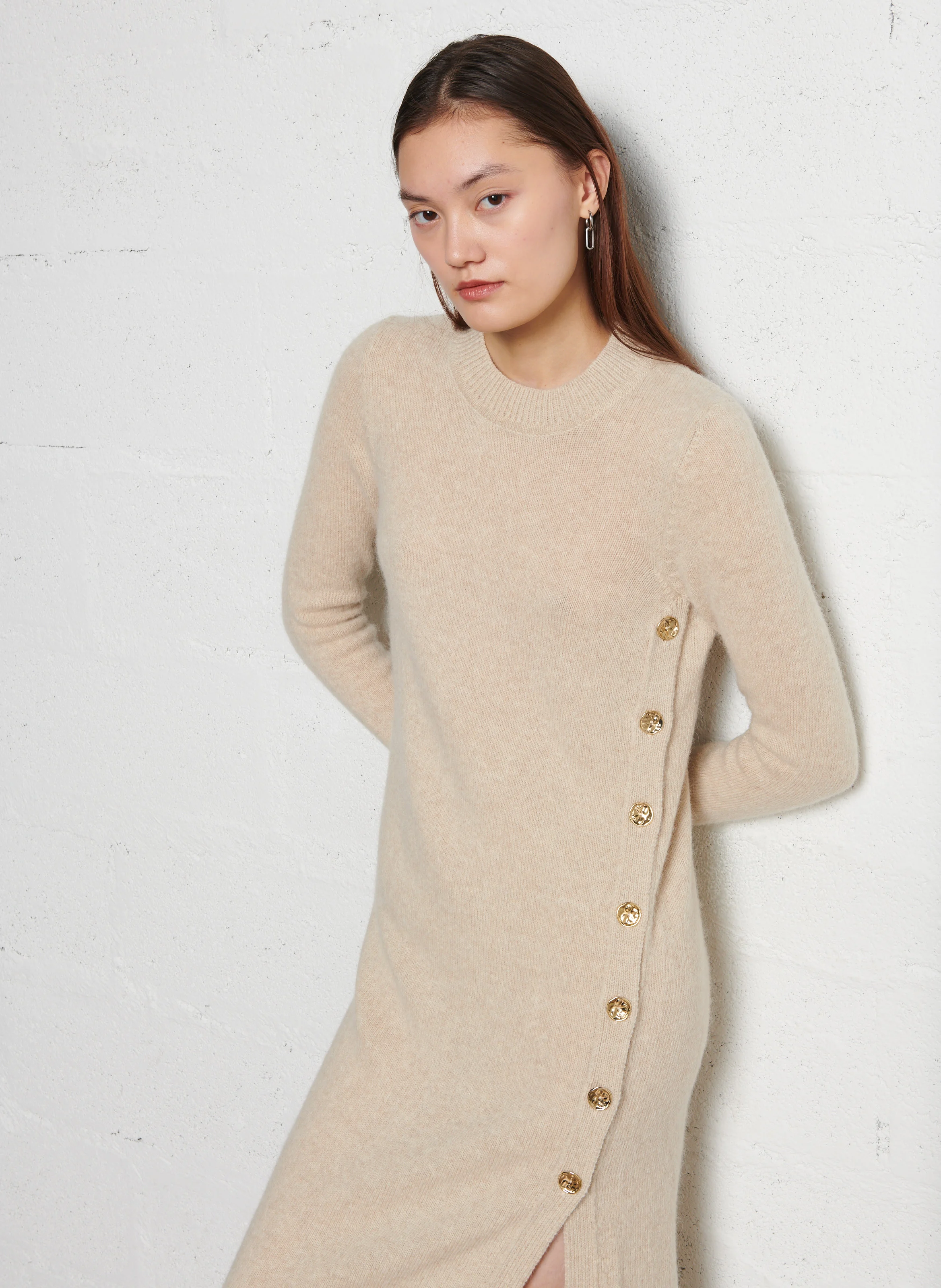 DOREE - Robe longue boutonnée en laine et alpaga | Beige