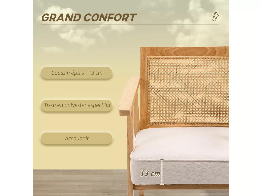 Fauteuil lounge avec coussin - dossier en cannage - assise profonde - accoudoirs - structure bois hévéa - aspect lin beige
