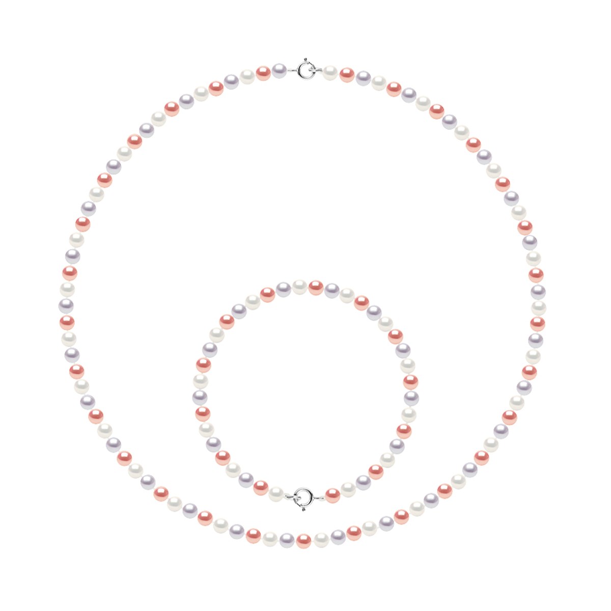 Parure - Collier & Bracelet - Véritables Perles de Culture d'Eau Douce Rondes 4-5 mm - Couleurs Pastelles Naturelles - Or Blanc 750 Millièmes