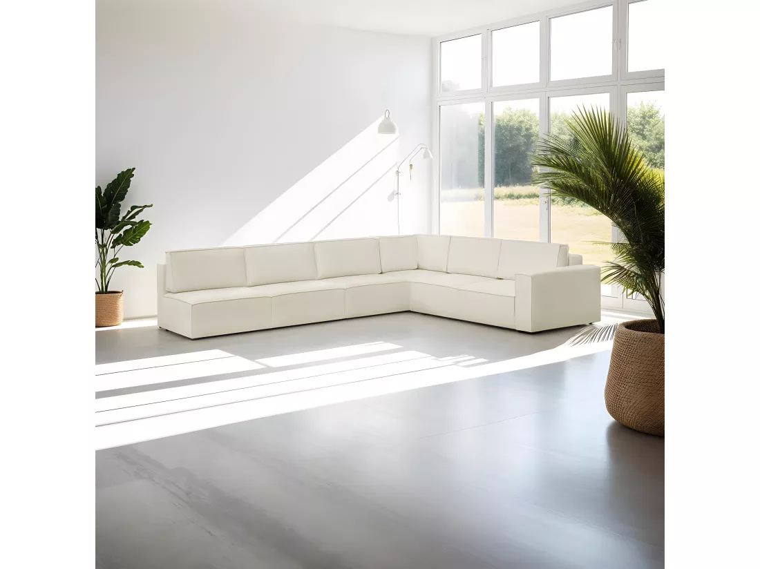 Canapé d'angle à gauche convertible modulable 10 places avec coffre de rangement en tissu bouclé écru - Harper Mod
