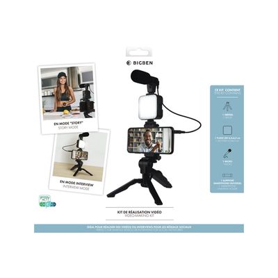 Bigben Vlogging kit live stream - kit d'accessoires contenant un trépied, une Led flash, un micro et un support smartphone