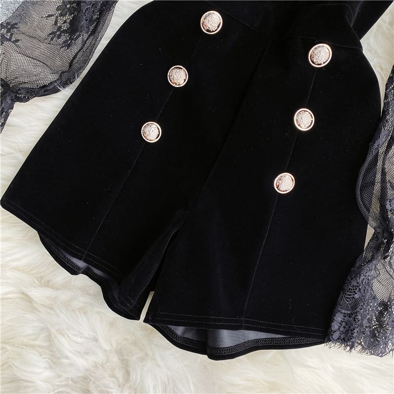 Yearnin - Set: Lange mouwen mesh top + dubbelrijs fluwelen playsuit