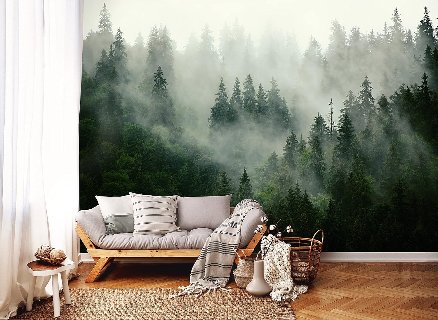 WallArena - Vlies Fototapete Wald Nebel Landschaft Grün Natur Bäume 368x254 cm - Fototapeten - Tapeten - für Wohnzimmer Schlafzimmer - Vliestapete Wandtapete Tapete 3D Effekt- inkl. Kleister