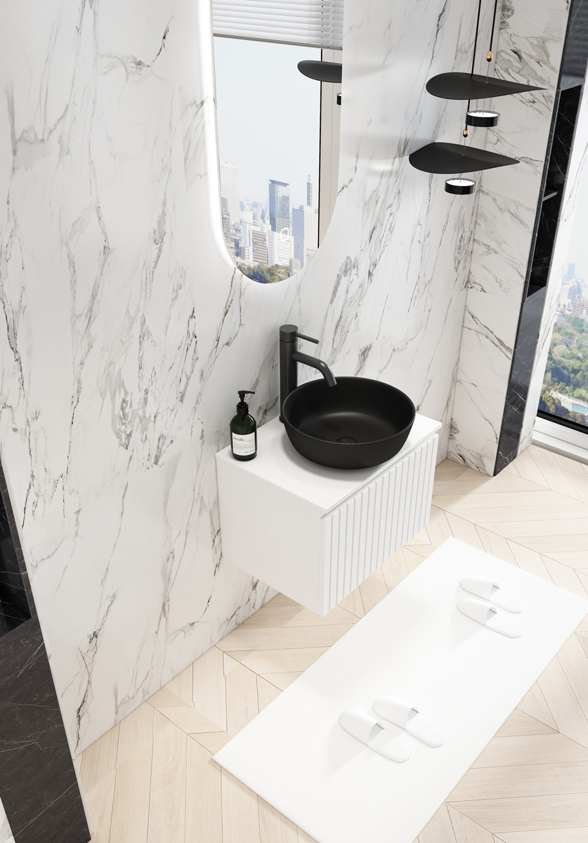 Fontana Stripe mat wit badmeubel ribbelfront 60cm met zwarte waskom en ovale LED spiegel
