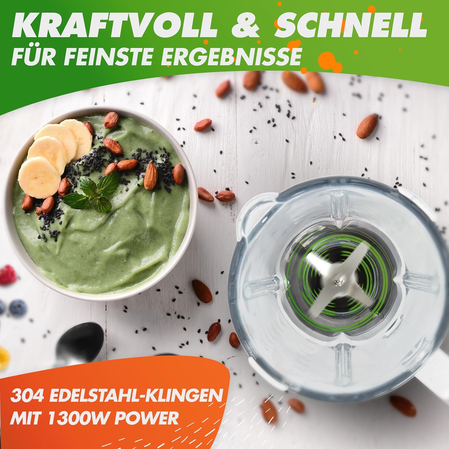 NUTRI-BLENDER GLAS Standmixer Hochleistung 1300W Hochleistungsmixer Smoothie-Maker Profi Blender, 1,75L Glasbehälter, Edelstahlgehäuse, 4 Klingen, BPA-frei, Leise, Variable Stufen, 3 Auto-Programme