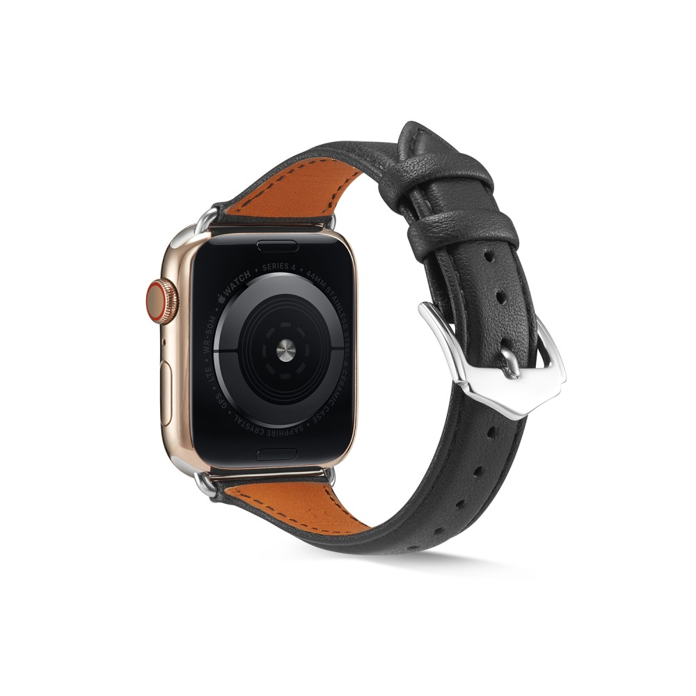 Changee - Apple Watch (42/41/40/38 mm) Echtleder Armband Slim mit Dornschliesse (Gelenkumfang: 175-210mm) - Schwarz / Silber