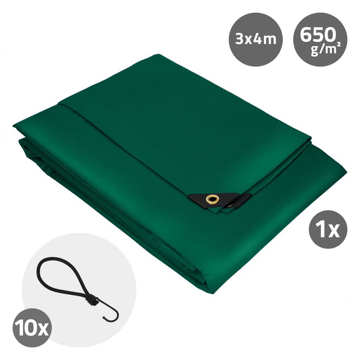 ECD Germany Premium Tarpaulin, Geweven zeildoek met ringen, 4x3m 12m², 650g/m², Groen, PVC, Waterdicht, Scheurvast, 10 Haken, Vrachtwagenzeil, Bootzeil, Tuinzeil, Houten zeil, Beschermhoes voor tuinmeubelen, Zwembad, Auto
