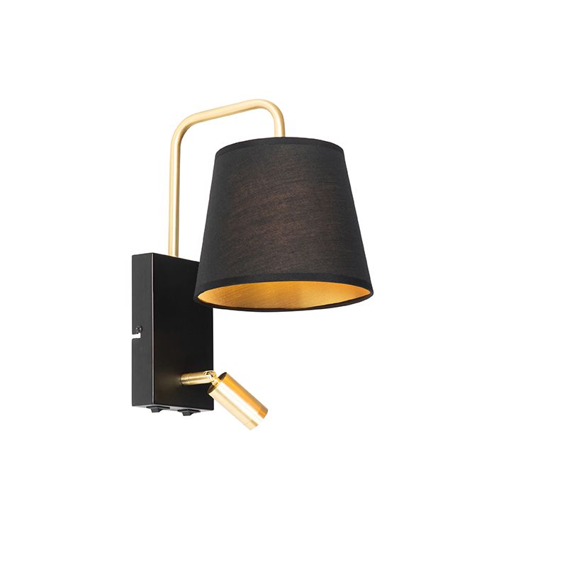 Moderne wandlamp zwart en goud met leeslamp - Renier