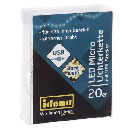 Idena LED Micro Lichterkette mit 20 LED in warm weiß am Silberdraht, USB betrieben, ca. 1,25 m
