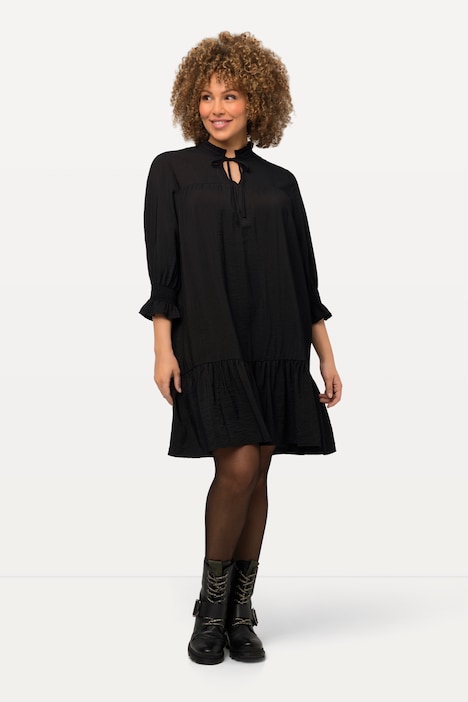 Kleid, Volantsaum, A-Linie, Stehkragen, 3/4-Arm