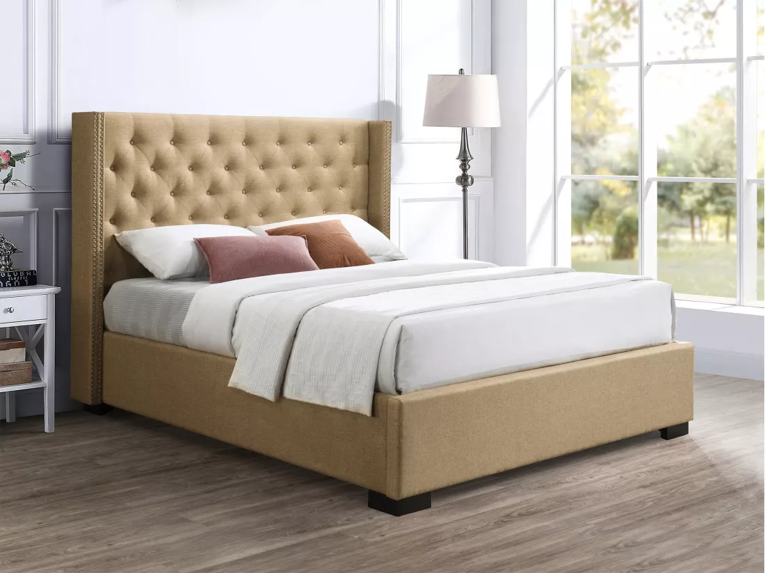 Lit coffre 160 x 200 cm avec tête de lit capitonnée - Tissu - Beige + Matelas - MASSIMO