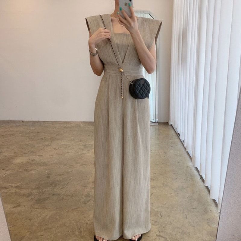 Bubapop - Mouwloze jumpsuit met vierkante hals en wijde pijpen