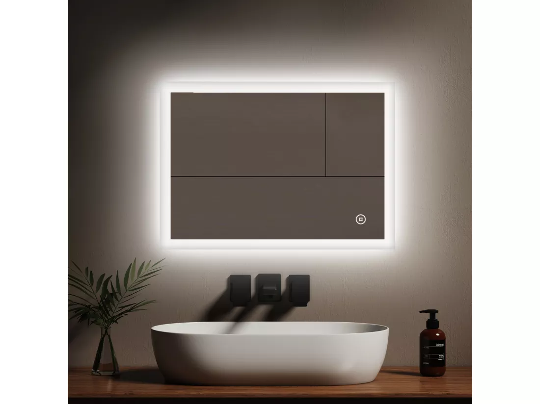 EMKE Miroir lumineux salle de bain 70x50cm, Miroir LED avec Interrupteur Tactile, Miroir avec éclairage lumière Blanche Froide
