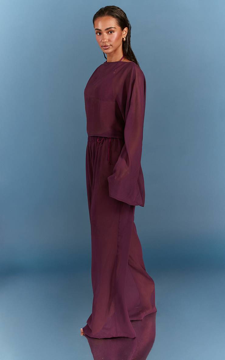 Violet Pantalon De Plage Large En Mousseline Texturée Prune
