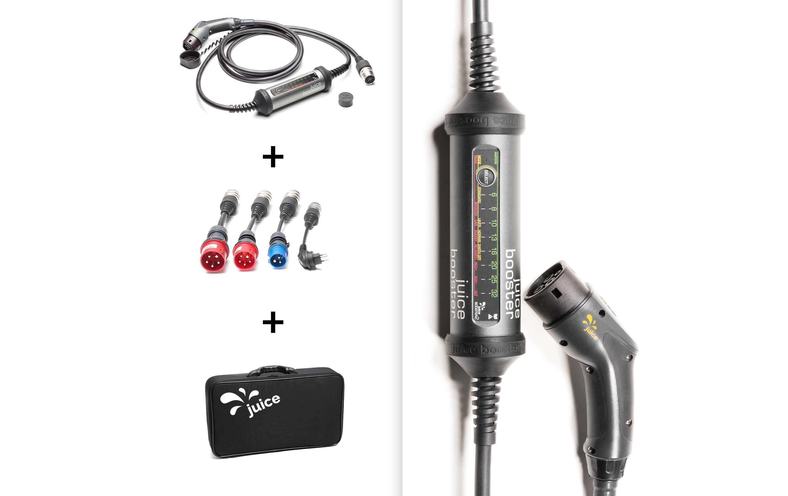 Mobile Wallbox JUICE BOOSTER 2 Swiss Traveller Set<br>Die flexible 3-in-1-Ladelösung für Elektrofahrzeuge für zuhause oder unterwegs
