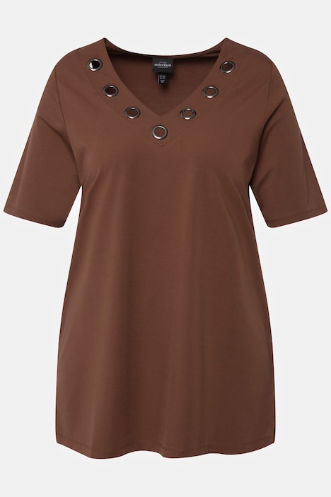 T-Shirt, Zierösen, Oversized, V-Ausschnitt, Halbarm
