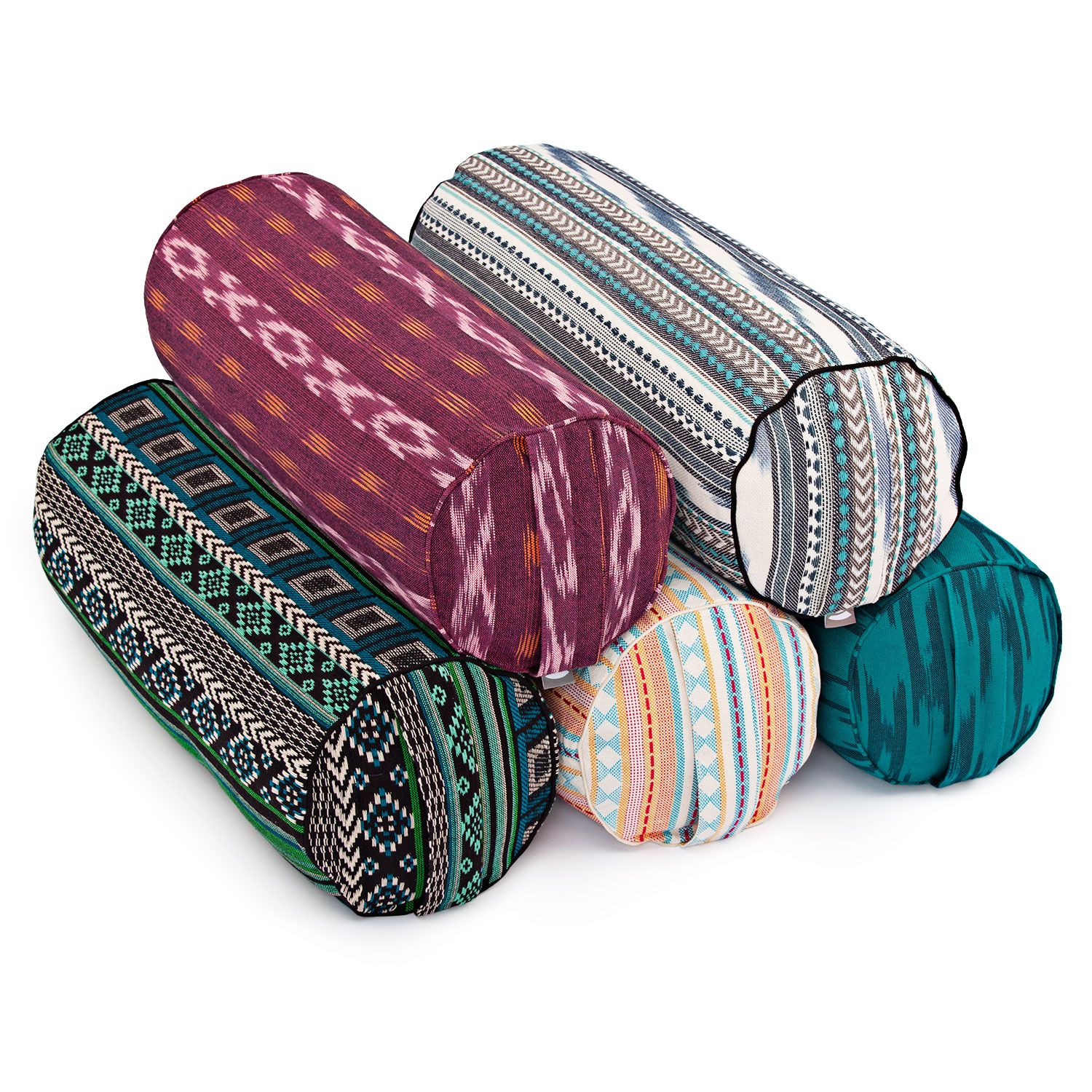bodhi ETHNO Collection: Yoga-Bolster (rund), Ikat-Webstoff, schwarz-weiß-blau gem., Dinkelhülsen