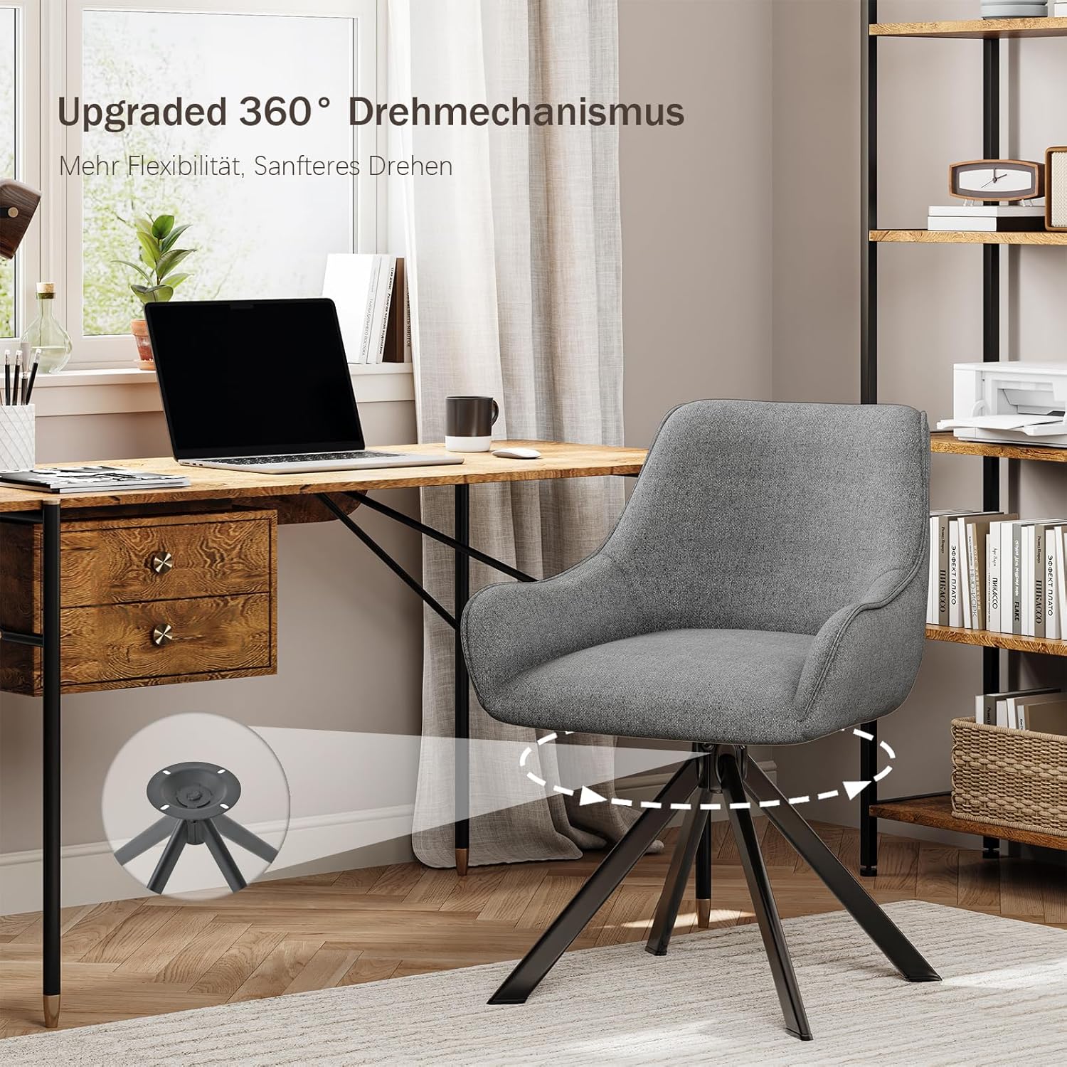 Esszimmerstühle Drehbar 4er Set mit Armlehne – 360°Drehbar Polsterstuhl Leinen Modern Drehstuhl Küchenstuhl mit Metallgestell und Rückenlehne für Esszimmer, Wohnzimmer, Büro, Hellgrau