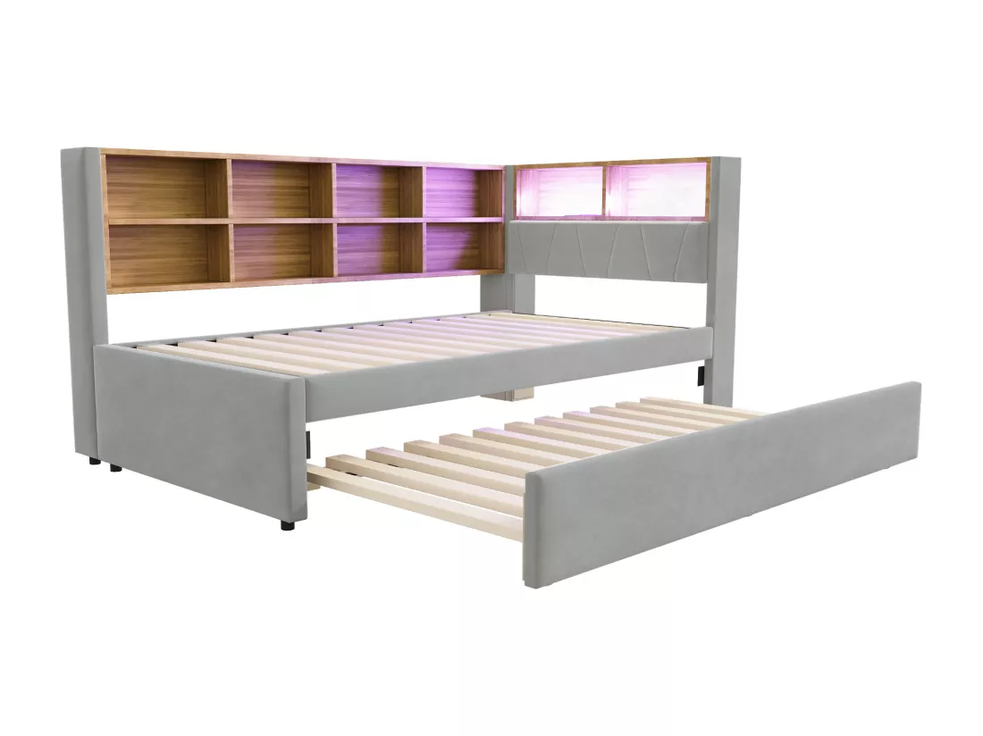 Canapé convertible 90x200 - avec lit gigogne 90x190 cm - avec prise USB - multiples rangements - lit tapissé - Gris clair (matelas non inclus)