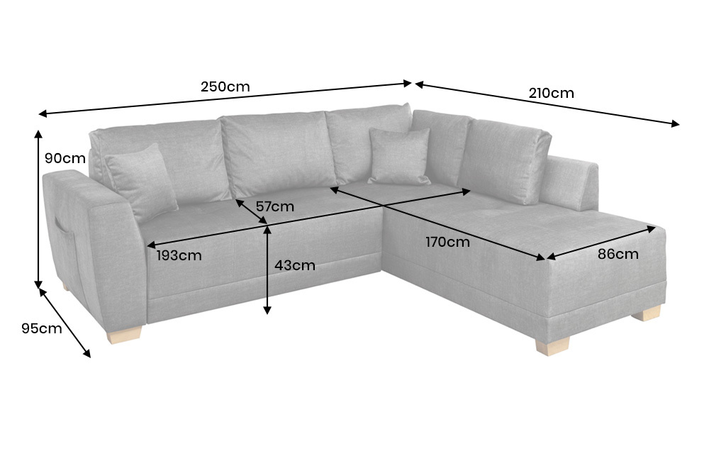 Modernes Ecksofa NORWAY 250cm grau Vogue Velours Samt Schlafsofa mit Stauraum