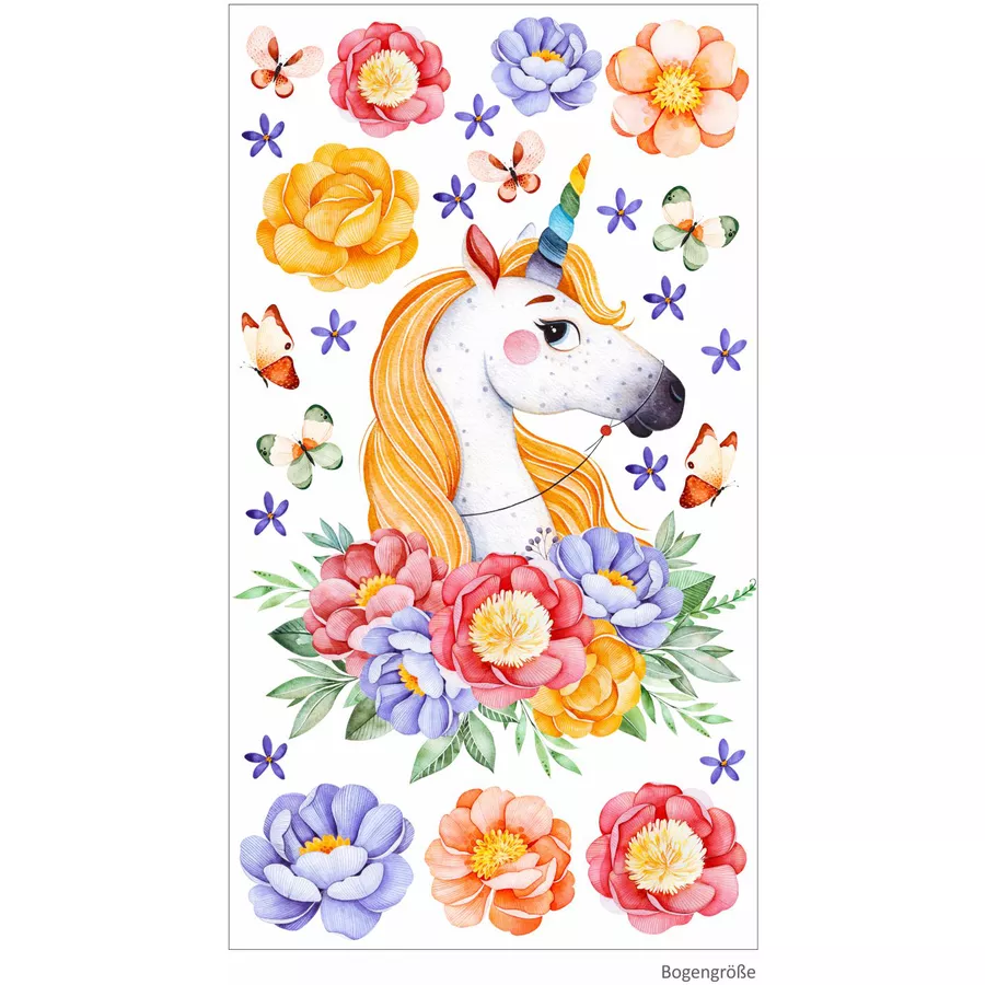 Nikima Wandtattoo 161 Einhorn mit Blumen Regenbogen in 6 vers. Größen bunt