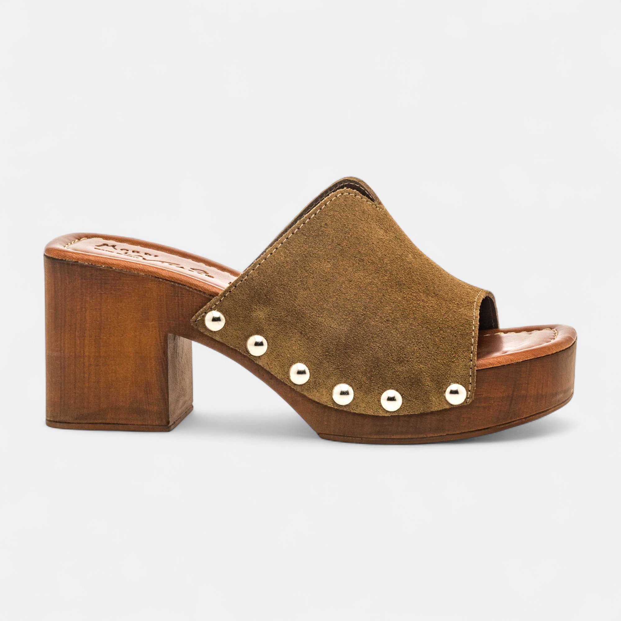 Chaussures semelle bois à talon Femme en cuir kaki