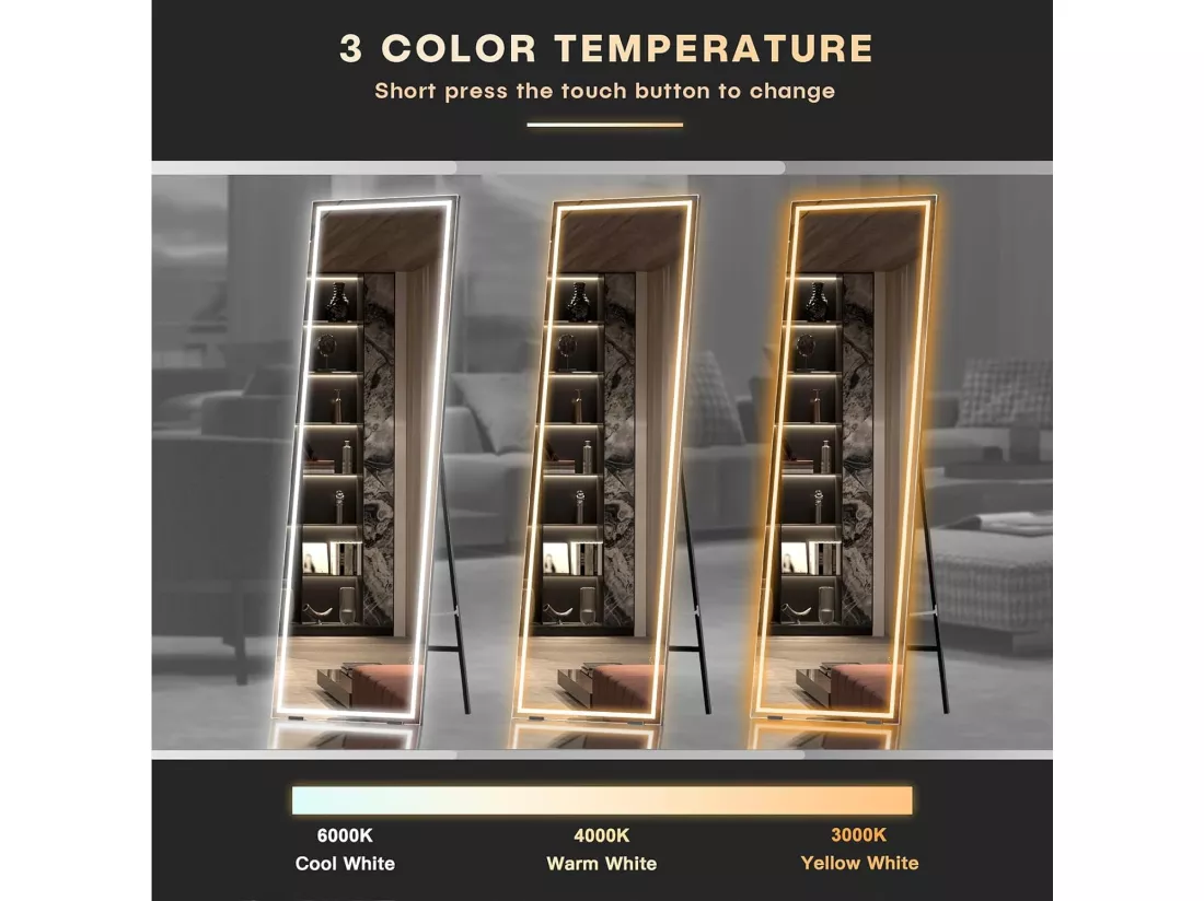 150 x 40 cm Miroir sur Toute la Longueur,Miroir LED avec éclairage sur Pied ou Mural,3 Couleurs Réglable,Miroir de Sol,Chambre à Coucher,Salon,Noir