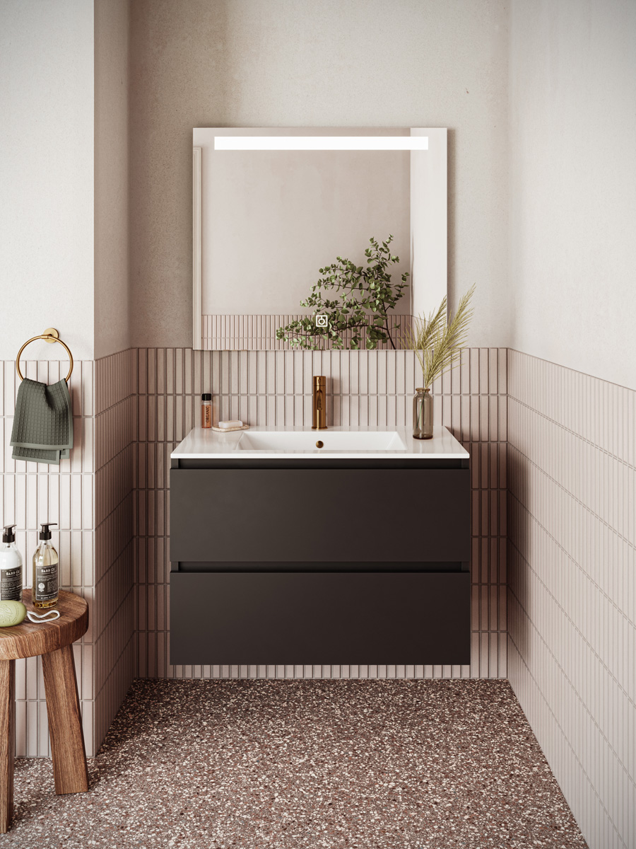 Fontana Rovigo badmeubel 80cm zwart mat met witte wastafel met kraangat en spiegel met verlichting