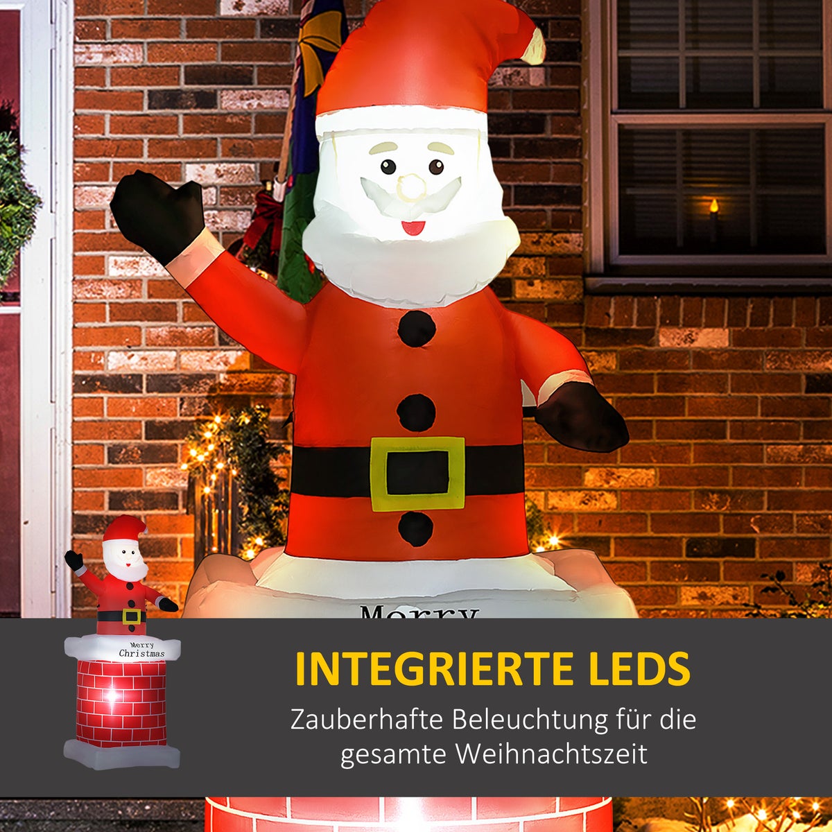 HOMCOM Opblaasbare kerstversiering met schoorsteen en ledverlichting, 80L x 70B x 210H cm, polyester, veelkleurig