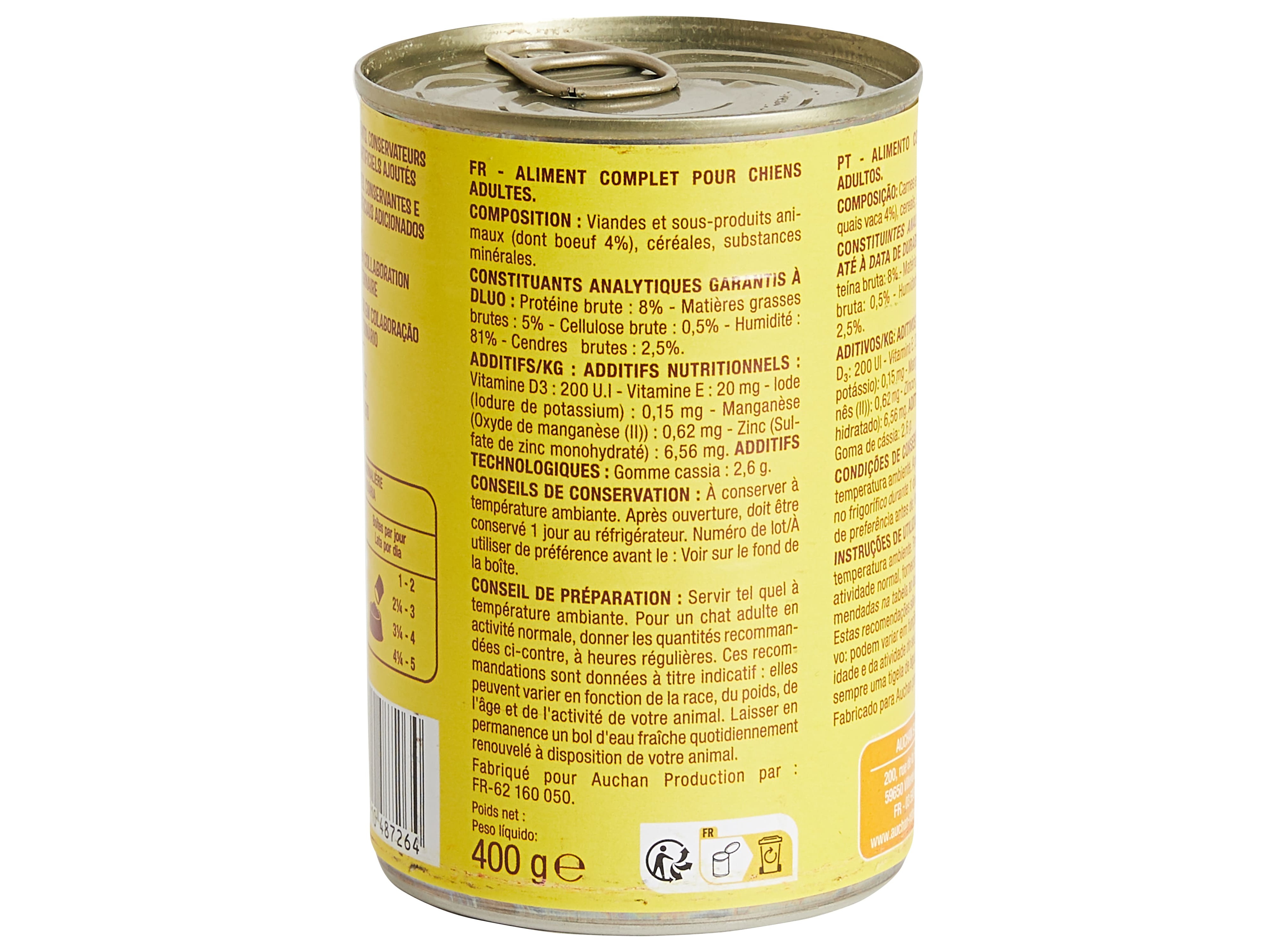 COMIDA HÚMIDA PARA CÃO AUCHAN TERRINA VACA 400 G