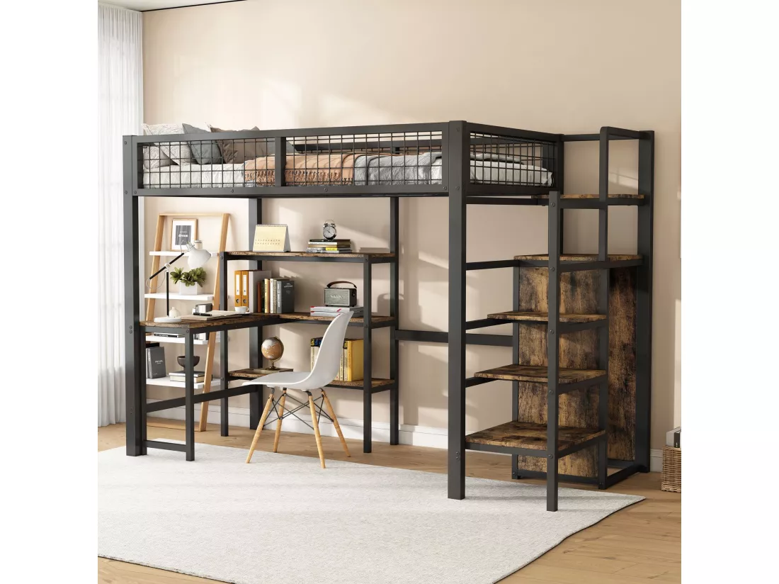 90 * 200cm lits superposés, lit en fer, sous la table, plusieurs étagères, armoire intégrée, noir