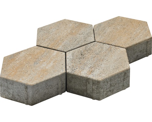Straatsteen, in elkaar grijpende straatsteen, honingraat 6-zijdig, schelpkalksteen, 24,8 cm x 21,5 cm x 8 cm