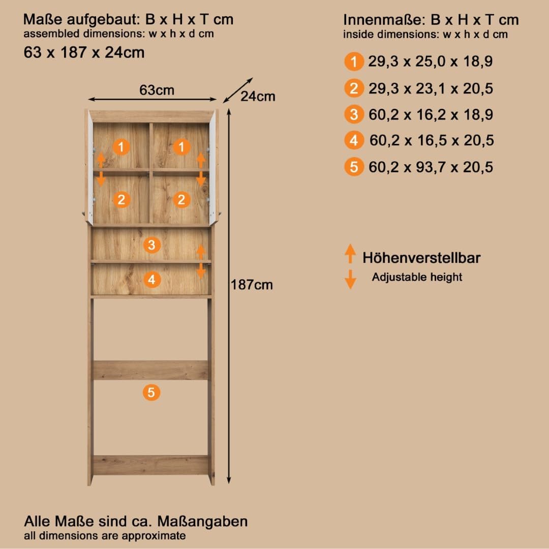trendteam smart living - Amanda - Waschmaschinenüberbau - Asteiche - 2 offene Fächer + 3 Einlegeböden - (BxHxT) 63 x 187 x 24 cm - Kratzfest