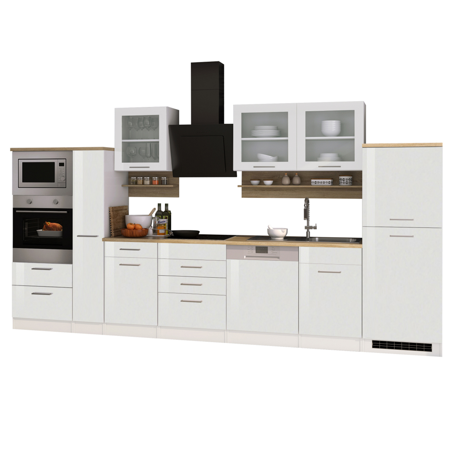 Küchenblock ROM - weiß Hochglanz - mit E-Geräten - 370 cm