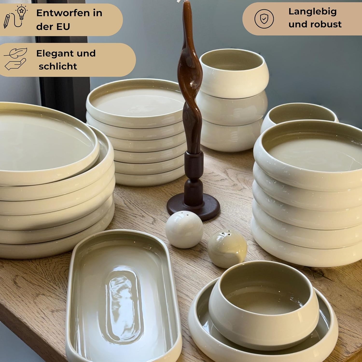 BAVARY Chubby Collection – 27-teiliges Porzellan-Tafelservice in Weiß-Taupe – Service für 6 Personen – Teller & Schalen, Servierplatte + Salz- & Pfefferstreuer – spülmaschinen- & mikrowellengeeignet
